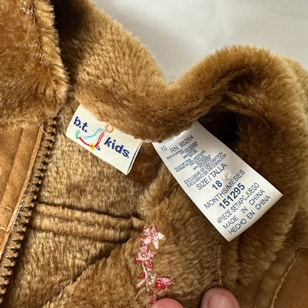 Vintage B.T. Kids Floral Embroidered Brown Faux Fur Suede Jacket / Coat Sz 18 mo - Picture 5 of 9